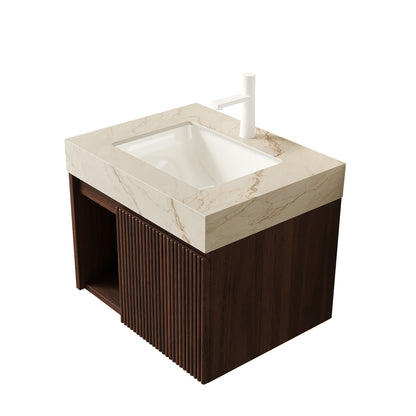 EIDEN 24"  Bathroom Vanity&Sink,Floating Storage Cabinet, Cream Gold Vein Sintered Stone Top&Ceramic Basin with 1 Pre-drilled Faucet Hole,Disassembled, NO Faucet and Drain Set, Walnut Woodgrain Color