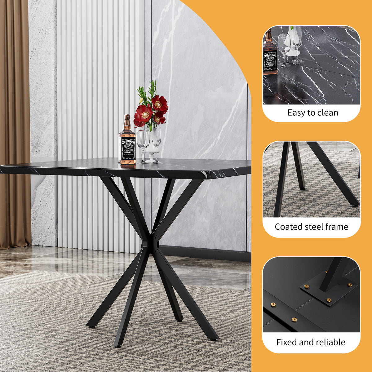 Square Dining Table Set, Mid Century Modern Square Dining Table for 4 Person, Faux Marble Tabletop, Iron Legs, Coffee Table, Save Space