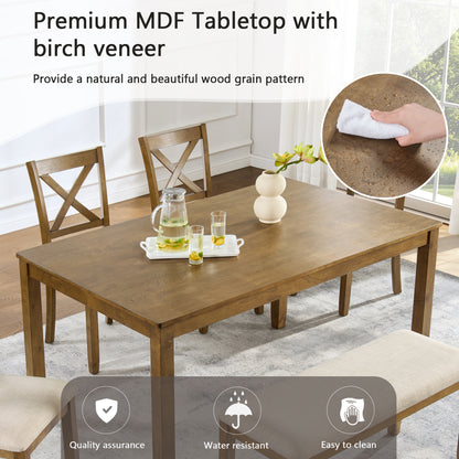 Oak Finish 6-Piece Dining Table Set – Large Rectangular Table with Upholstered Bench & 4 X-Back Chairs, Solid Rubberwood Frame, Farmhouse Kitchen Furniture for Family Dinners & Gatherings