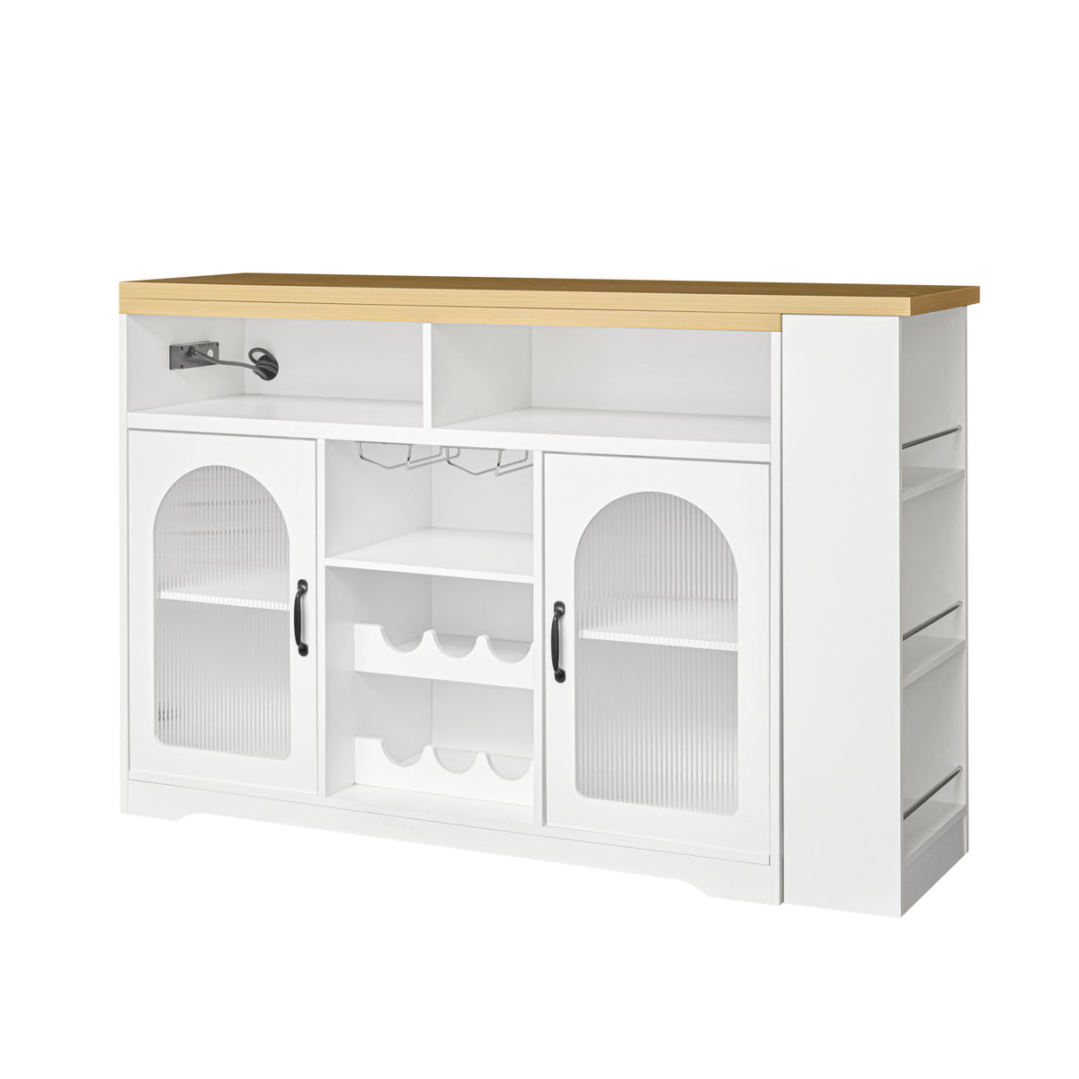 U_STYLE Sideboard with Extendable Tabletop and Wine Rack, Counter Height Bar Table with Color LED Lighting and Left-side Power Outlet, Mobile Farmhouse Wine Cabinet Cart on Wheels (Chairs Not Included