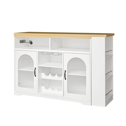 U_STYLE Sideboard with Extendable Tabletop and Wine Rack, Counter Height Bar Table with Color LED Lighting and Left-side Power Outlet, Mobile Farmhouse Wine Cabinet Cart on Wheels (Chairs Not Included