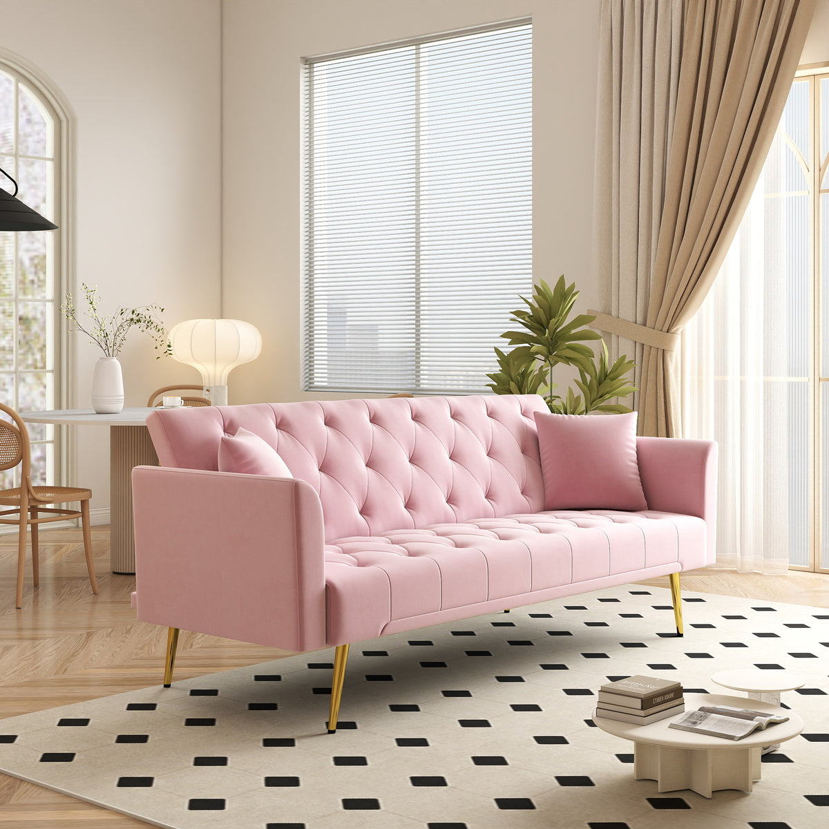 Modern convertible 72 inch foldable sleeper sofa with tufted, American retro style, made of pink velvet material, suitable for small living rooms, bedrooms and offices. pink color