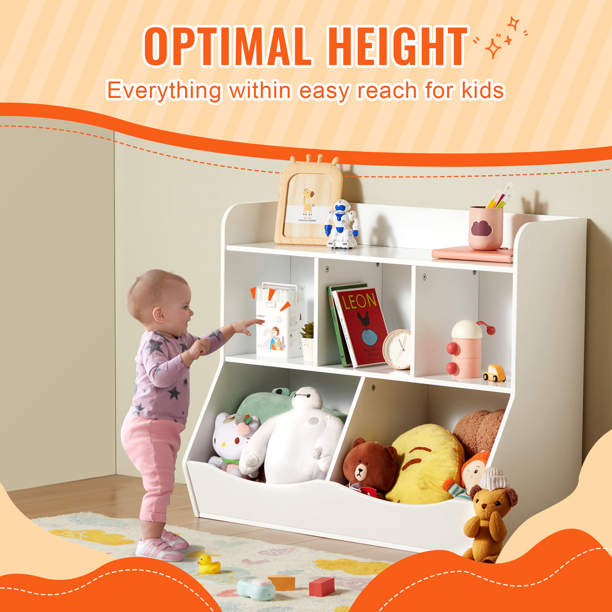 Wood Kid Storage Cubby, Toy Storage Organizer with Bookshelf, 5-Cubby Wood Toy Storage Cabinet, Children Book Toy Shelf, Kindergarten, White