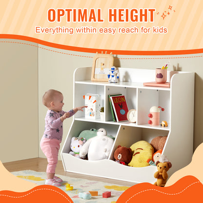Wood Kid Storage Cubby, Toy Storage Organizer with Bookshelf, 5-Cubby Wood Toy Storage Cabinet, Children Book Toy Shelf, Kindergarten, White