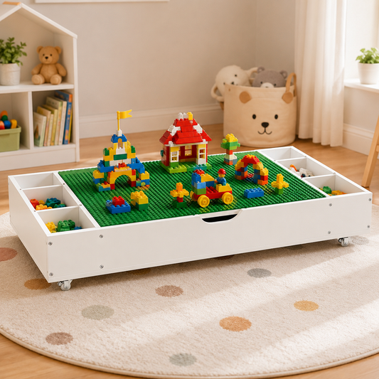 The 3 in 1 Reversible Kids Activity Table and Toy Organizer Compatible with Lego, Building Bricks & Whiteboard Play Table with City Road Map, Low-Profile Design for Under Sofa/Bed Storage-White