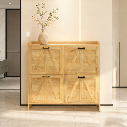 Light Oak Rustic Barn-Door Shoe Cabinet with 4 Flip Drawers, Sleek Space-Saving Entryway Organizer