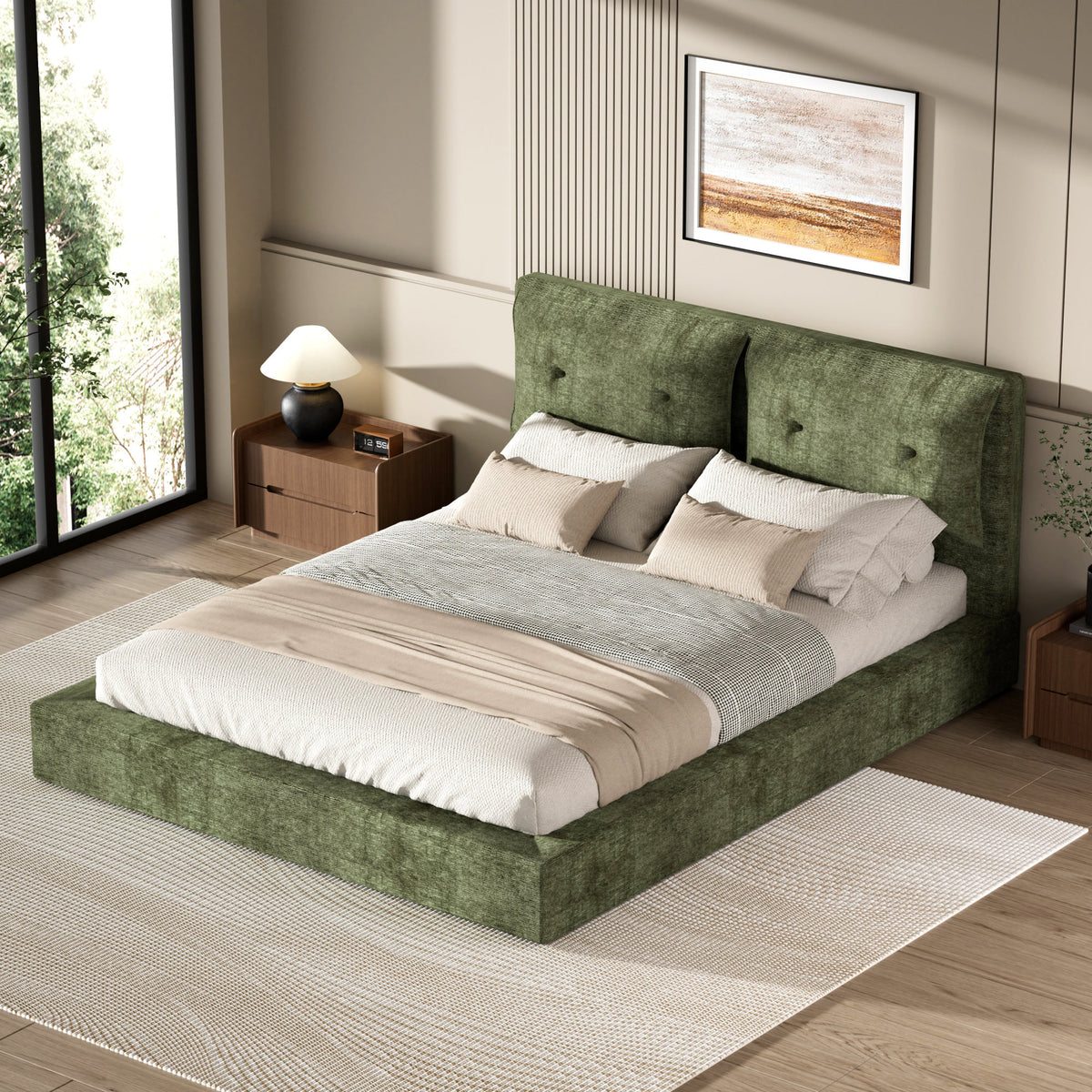 AirFrame Upholstered Bed Frame, a low, cloud-style bed frame with a double-layered upholstered headboard, 360° soft foam edging, and a metal base; easy to assemble; Queen size, Green