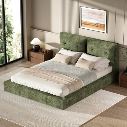 AirFrame Upholstered Bed Frame, a low, cloud-style bed frame with a double-layered upholstered headboard, 360° soft foam edging, and a metal base; easy to assemble; Queen size, Green