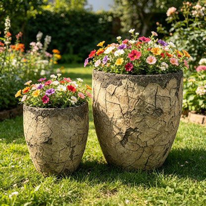 Large Round Planters Set of 2 (16.73"x16.73"x19.68 & 12.59" x12.59"x15.15'') - Lightweight Magnesium Oxide Plant Pot with Texture -Concrete Planter Pots with Drainage Hole – Indoor & Outdoor Use