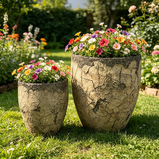 Large Round Planters Set of 2 (16.73"x16.73"x19.68 & 12.59" x12.59"x15.15'') - Lightweight Magnesium Oxide Plant Pot with Texture -Concrete Planter Pots with Drainage Hole – Indoor & Outdoor Use