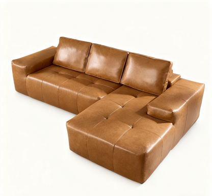 Boneless Couches for Living Room, Brown Faux Leather Cloud Sectional Couches with Chaise, Deep Seat L Shaped Modular Sofa, No Assembly Required Sofas in a Box(Right,Faux Leather,Brown)