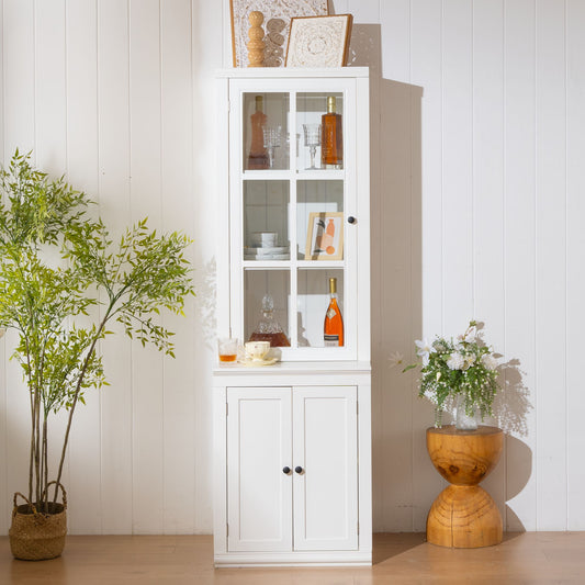 75.25'' Tall Freestanding Pantry Cabinet with Glass Door & Lattice Window, Farmhouse Display Cabinets with Storage, Hutch with Double-Action LH&RH Door, for Hallways, Livingroom Kitchen & Office,White