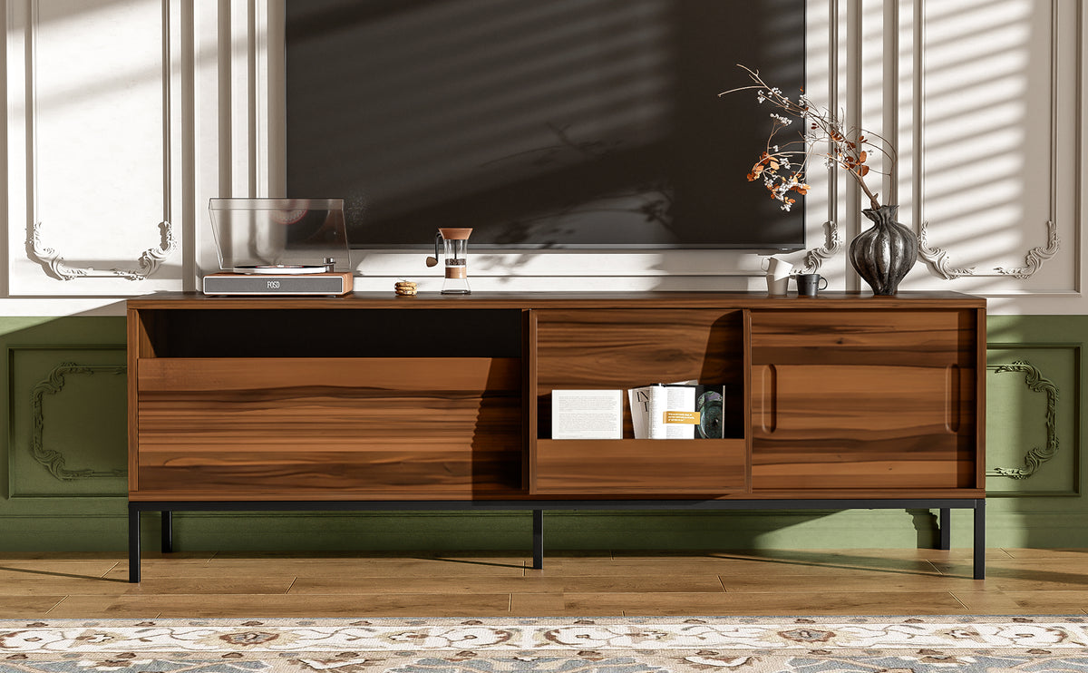 U-Can 70.8'' Modern TV Stand for TVs up to 75 Inches, Entertainment Center with Storage Space, Sliding Doors, Adjustable Shelves and Metal Frame, Mid Century Modern Media TV Console Table for Living R