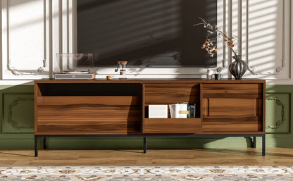 U-Can 70.8'' Modern TV Stand for TVs up to 75 Inches, Entertainment Center with Storage Space, Sliding Doors, Adjustable Shelves and Metal Frame, Mid Century Modern Media TV Console Table for Living R