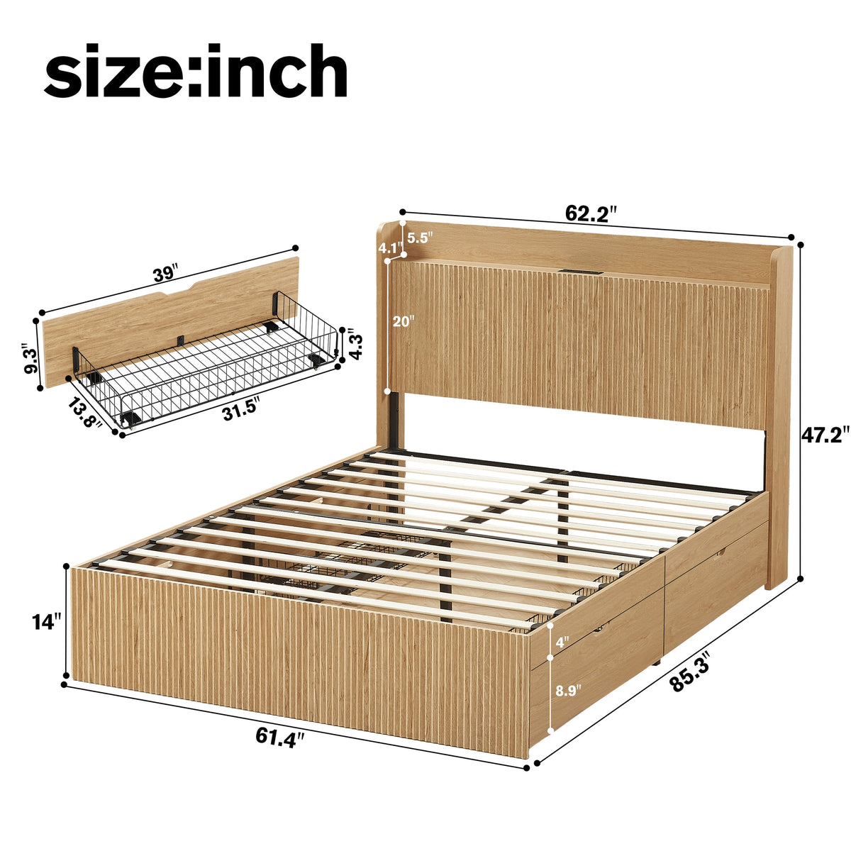 Queen Size Platform Bed Frame with 4 Storage Drawers and Built-in Charging Station, Wooden Storage Box Bed, Large Capacity Organizer Bed Frame for Bedroom,Natural