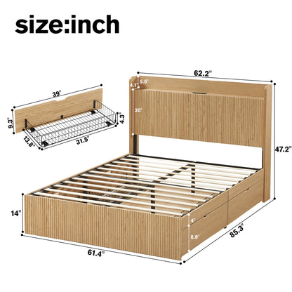 Queen Size Platform Bed Frame with 4 Storage Drawers and Built-in Charging Station, Wooden Storage Box Bed, Large Capacity Organizer Bed Frame for Bedroom,Natural