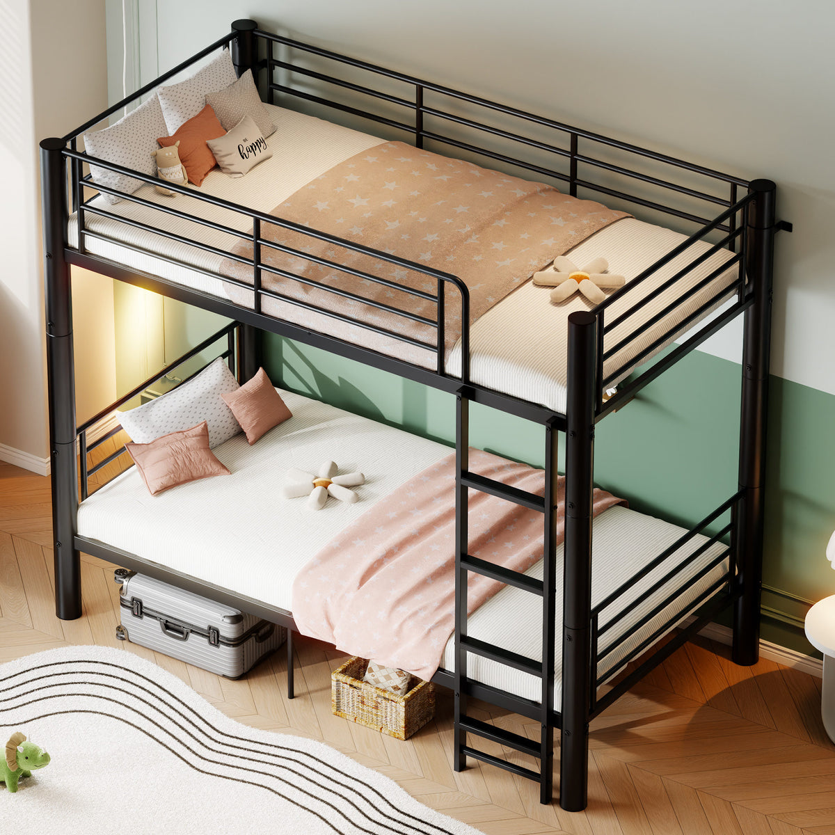 Metal Twin Over Twin Bunk Bed, Convertible into 2 Separate Twin Beds, 13.78" Full-Length Guardrails, Extra-Wide Ladder, Anti-Tip Brackets, Black Bunk Bed Frame for Kids, Teens & Adults