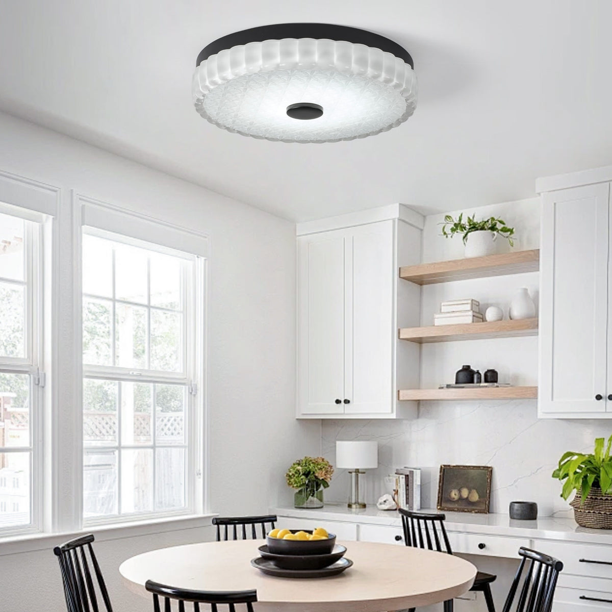 11.81" Flush Mount LED Ceiling Light, Black, 25W Dimmable with Remote Control, Metal Base & Glass Shade, CRI>90
