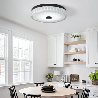 11.81" Flush Mount LED Ceiling Light, Black, 25W Dimmable with Remote Control, Metal Base & Glass Shade, CRI>90
