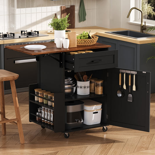 K&K 39.3" Farmhouse Kitchen Island with Drop Leaf, Kitchen Storage Island with Open Side Rack, One Drawer, Towel Rack – Black