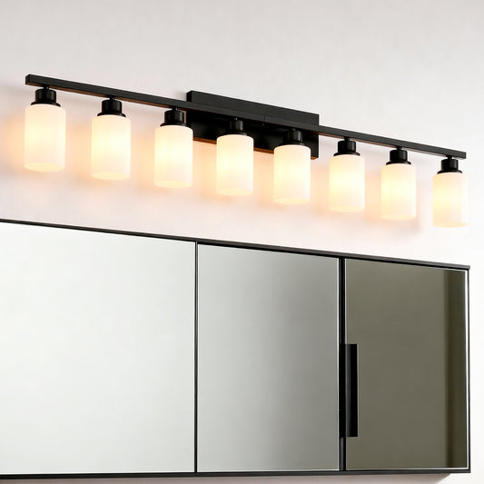 Wall Lamp 8-Light, Bathroom Vanity Light, Matte Black Bathroom Light Fixtures, Modern Wall Light with Glass Shade