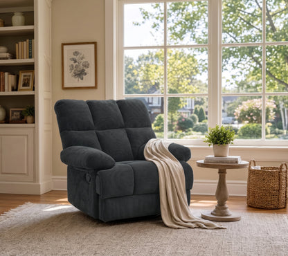 Modern Manual Rocker Recliner Chair with Nubby Upholstery Fabric in Dark Grey, Fabric +Wood and Metal Construction