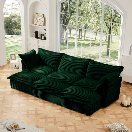 Living Room Sofa Slipcovered Sofa 3 Seater Sofa With 3 Ottomans, Oversized 3-Seat Sleeper Sofa Bed Home Theater Sofa, Corduroy, Green