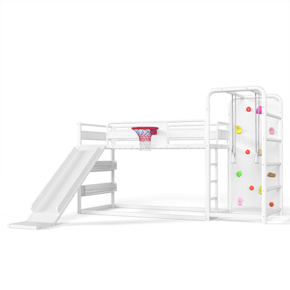 Twin size metal loft/bunk bed with basketball hoop, pull-up rings, climbing wall, and built-in bookshelves. Playful children's design featuring a slide,White.