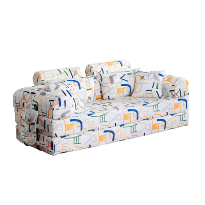Abstract Line Printed Convertible Sleeper Sofa Bed High Density Compressed Sponge Foldable Multi-functional Upholstered Couch for Living Room Hotel Apartment