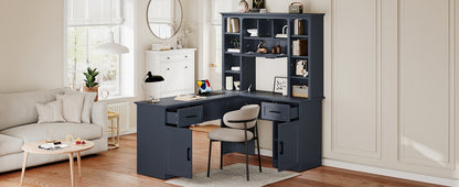 L-Shaped Computer Desk with 2 Cabinets and 2 Drawers, 11 Open Shelves and 1 Right Flip Shelf with Storage, with Power Outlet, Antique Blue