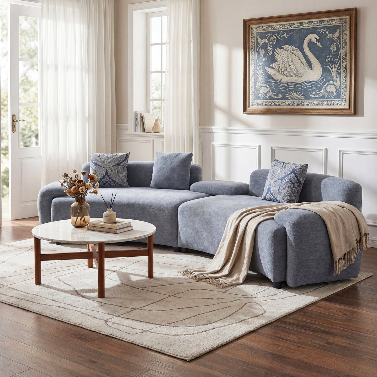 122' Grey Curved Sofa with 2pcs Damask Pattern Pillows,Modern Couch