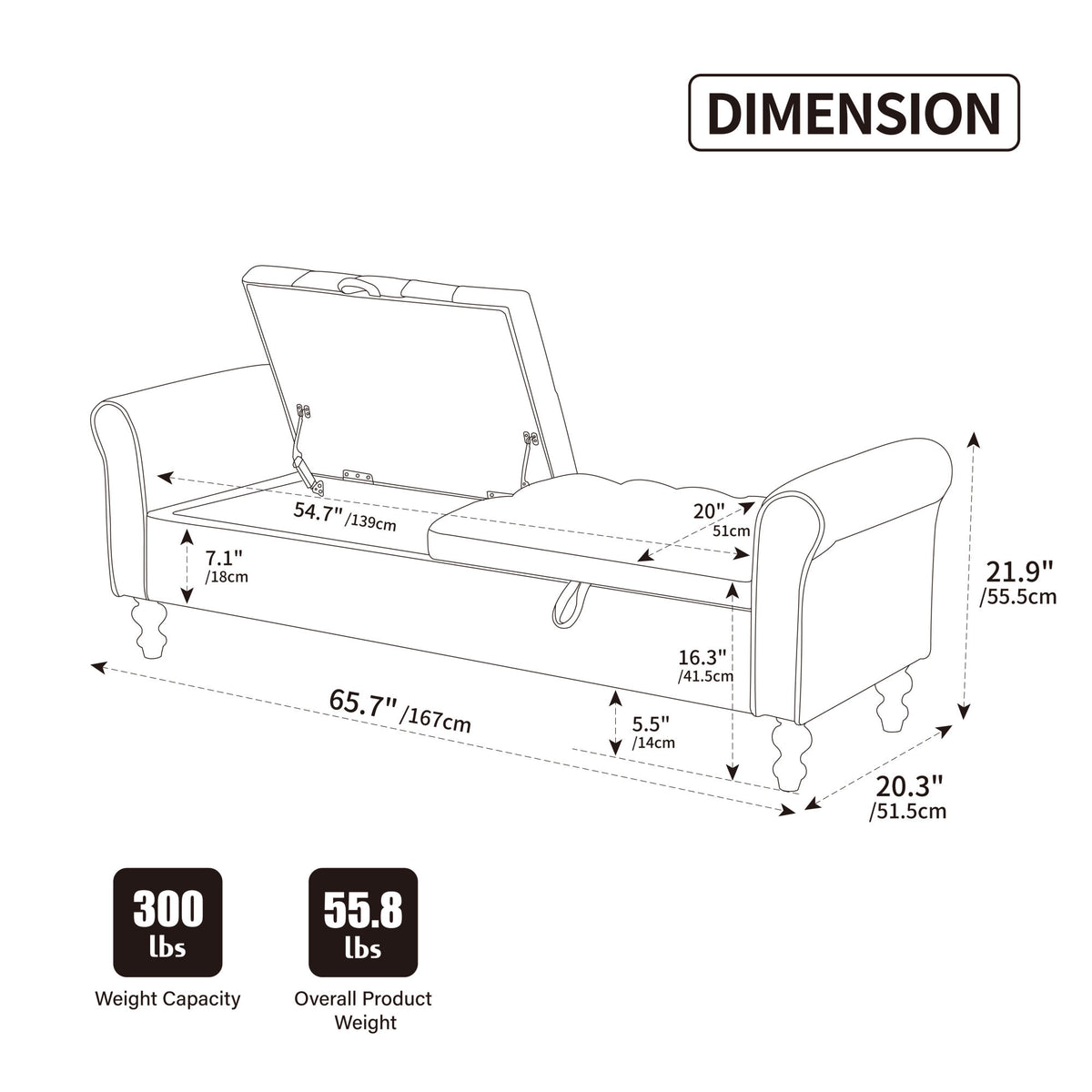 65.75" Wide Modern Upholstered  Storage Bench With Double Lids, Napped fabric Foot Stool With Rolled Armrest, Bench Daybed With Rubberwood Legs For Living Room, Entryway, Dormitory, Bedroom,Black