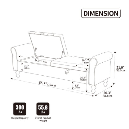 65.75" Wide Modern Upholstered  Storage Bench With Double Lids, Napped fabric Foot Stool With Rolled Armrest, Bench Daybed With Rubberwood Legs For Living Room, Entryway, Dormitory, Bedroom,Black