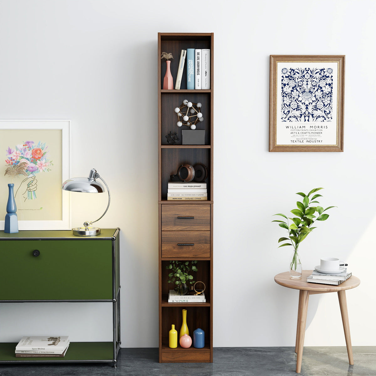 Tall Narrow Bookshelf, Slim Floor-Standing Storage Cabinet with 2 Drawers & 5 Open Shelves, Display cabinet for Living Room, Bedroom, Bathroom