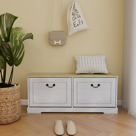 Shoe Storage Bench with 2 Flip Drawers and Adjustable Shelf, Bedroom-Antique White