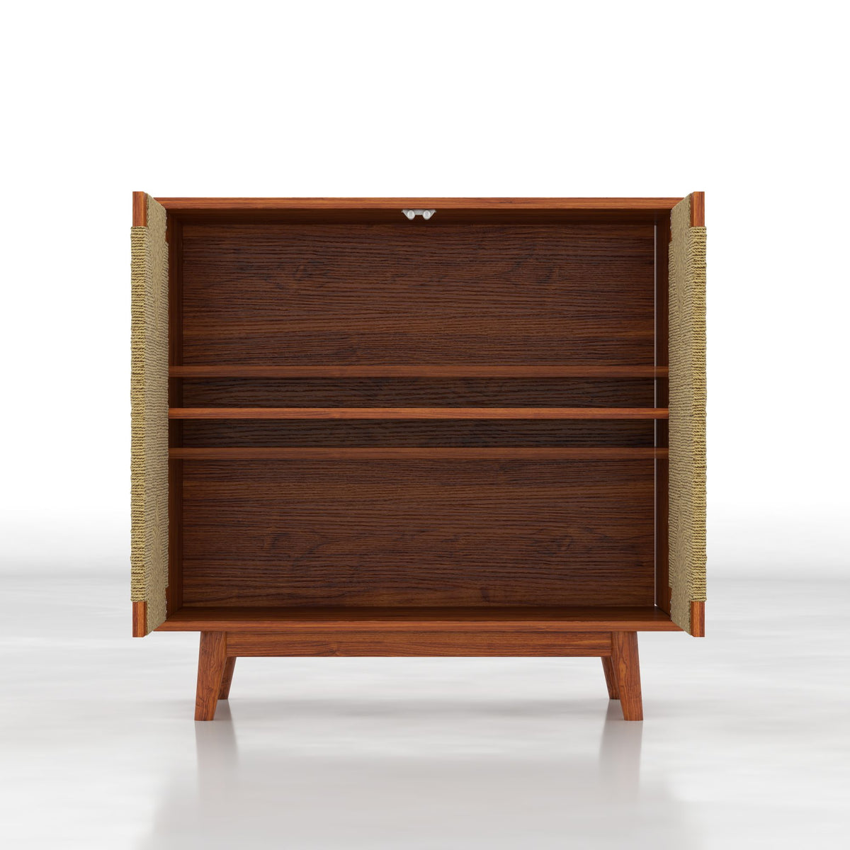 Mid Century Boho Freestanding Accent Cabinet, Handmade Paper Rope Woven Push-to-Open Double Doors, , Adjustable  Shelf, Sideboard Storage Cabinet for Kitchen Entryway  Living Room