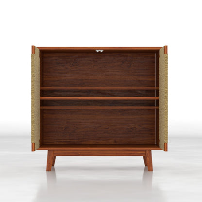 Mid Century Boho Freestanding Accent Cabinet, Handmade Paper Rope Woven Push-to-Open Double Doors, , Adjustable  Shelf, Sideboard Storage Cabinet for Kitchen Entryway  Living Room