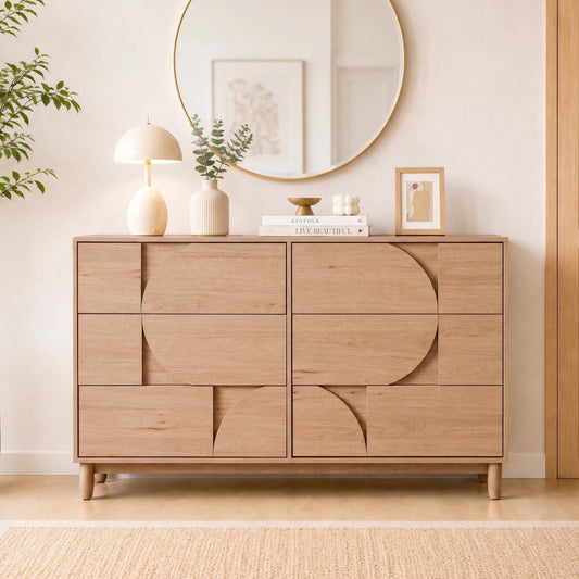 Mid Century 6-Drawer Dresser for Bedroom, 55" Wide Modern Chest of Drawers, TV Stand for Living Room, Solid Wood legs,Vanity Desk, Closet Storage, Drawers Organizer Furniture, Hallway,Light Oak