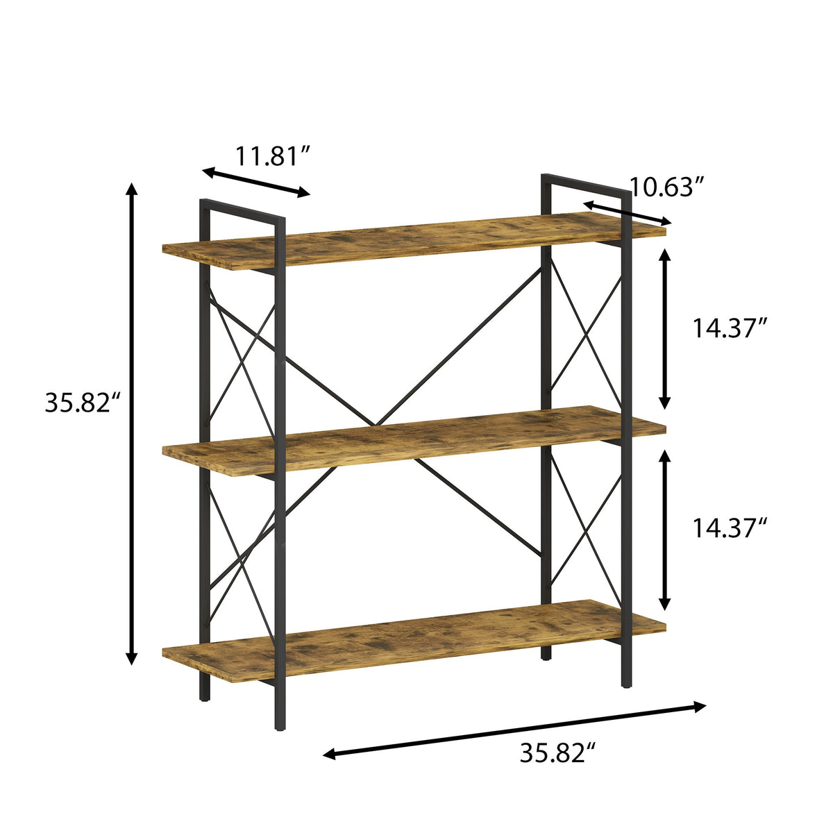 3-Tier Bookshelf, Horizontal Bookcase with Open Storage Shelves, Rustic Industrial Plant Stand, Wood & Metal Shelf for Living Room, Bedroom & Home Office (Rustic Brown)