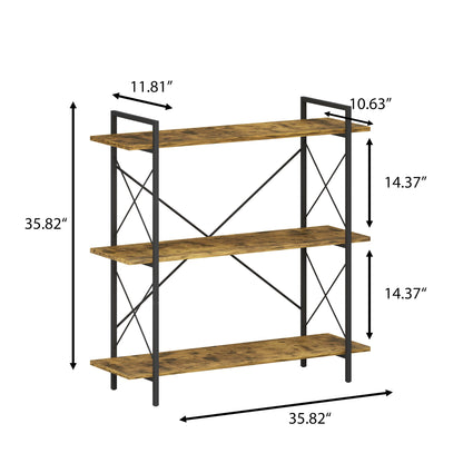 3-Tier Bookshelf, Horizontal Bookcase with Open Storage Shelves, Rustic Industrial Plant Stand, Wood & Metal Shelf for Living Room, Bedroom & Home Office (Rustic Brown)