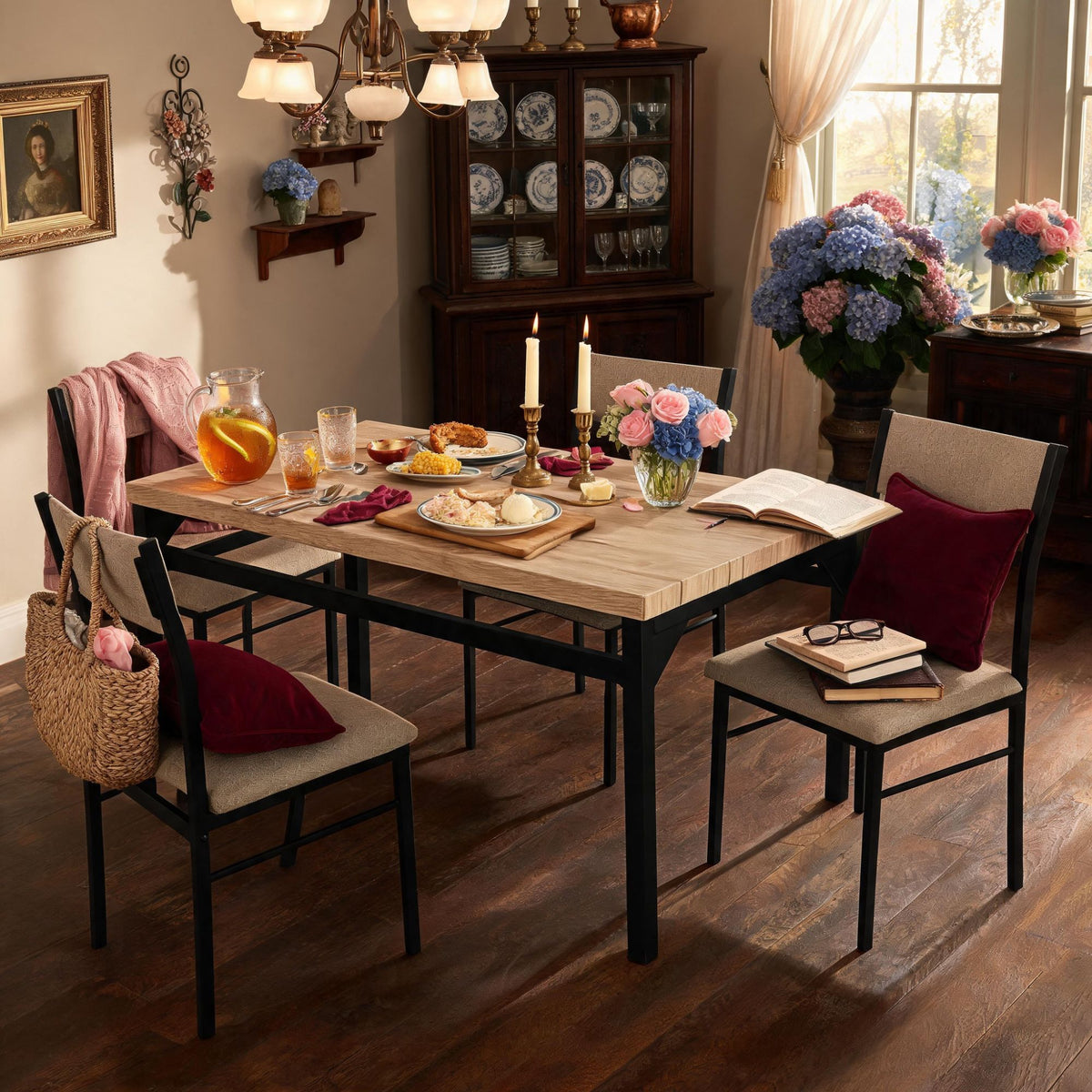 5-Piece Dining Table Set for 4, 47.24" Dining Table with 4 Upholstered Linen-Look Chairs, Black Metal Frames, Modern Kitchen & Dining Room Furniture