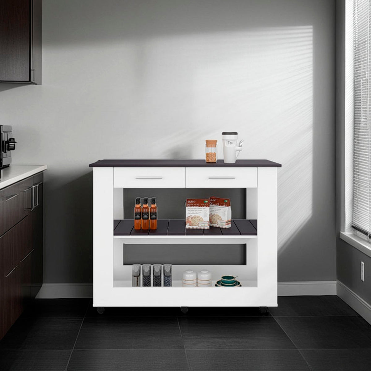 Kitchen island  with Open Storage and 3 Shelves, White