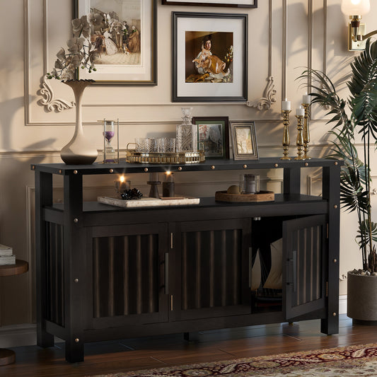U_STYLED 55.1''Pine Wood Buffet Cabinet With 3-door Storage, Sideboard Cabinet with Dual Storage areas,Coffee Bar With Metal Handles And Exposed Metal Rivets For Dining Room, Kitchen, Living Room