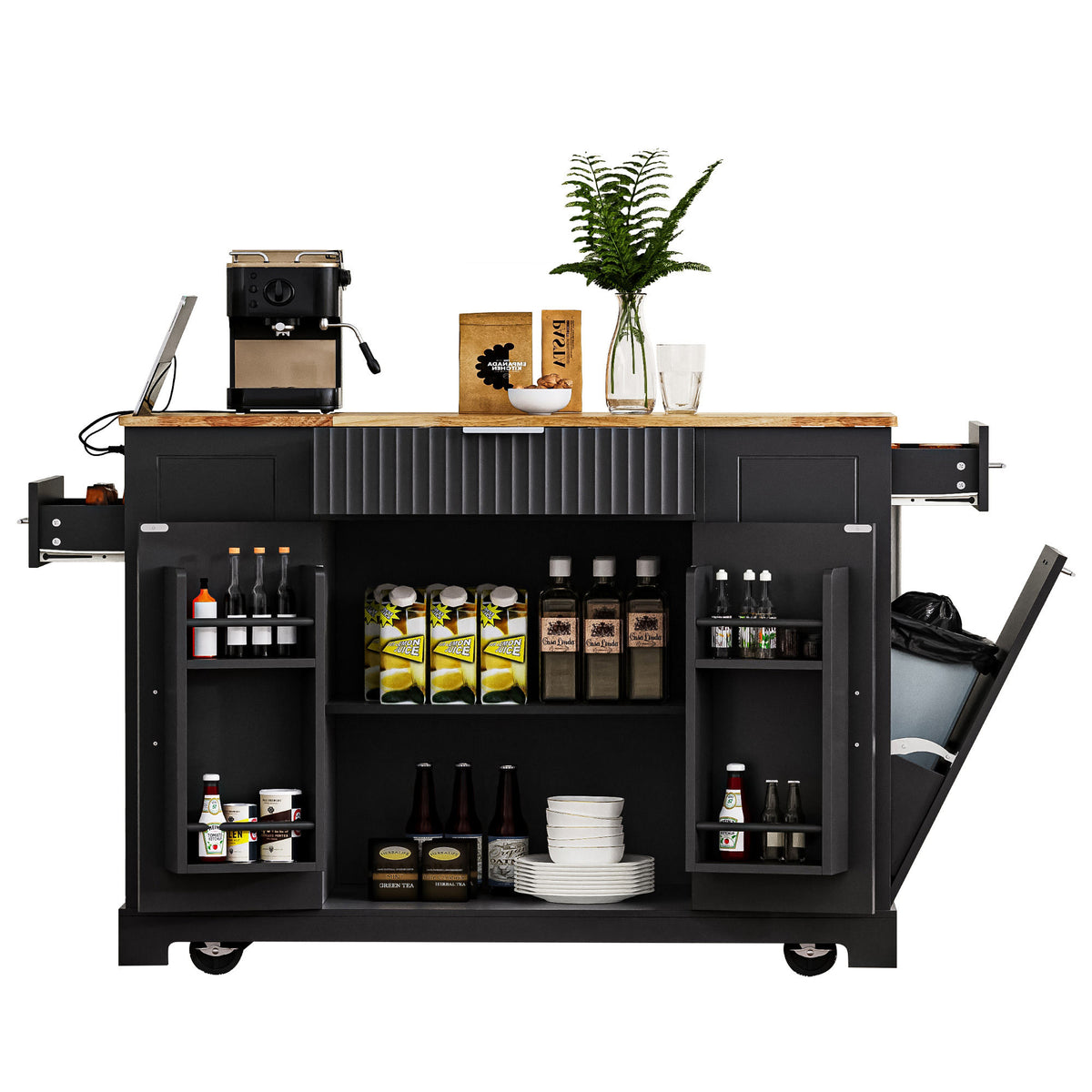 K&K Fluted Kitchen Island with Trash Can Storage Cabinet, Power Outlet, Internal Storage Rack – Black