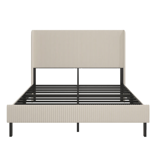 Modern Beige Queen Size Platform Bed with Metal Frame and Charging Station