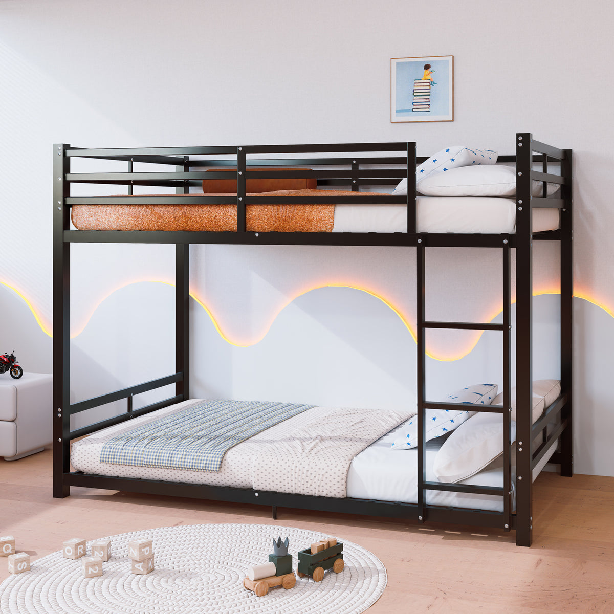 Twin Over Twin Metal Bunk Beds, 19 bed crossbars,Heavy Duty Bed Frame with Safety Guard Rail & Ladder, Low Floor Bunk Bed for Boys Girls Adults,400+480lbs load capacity, No Box Spring Needed (Black)