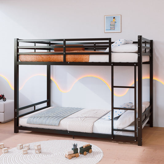 Twin Over Twin Metal Bunk Beds, 19 bed crossbars,Heavy Duty Bed Frame with Safety Guard Rail & Ladder, Low Floor Bunk Bed for Boys Girls Adults,400+480lbs load capacity, No Box Spring Needed (Black)