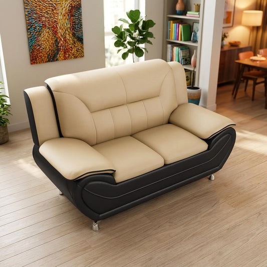 Modern Contemporary Bonded Faux Leather Living Room Sofa, Cushioned Armrest Couch with Stainless Steel Legs, Minimalist Sturdy Upholstered Furniture for Living Room Apartment,Camel & Black