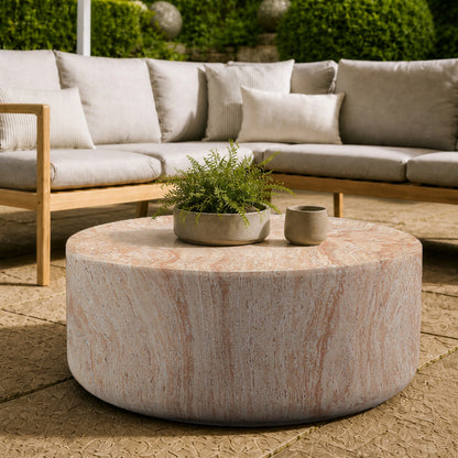 Round Cylinder Coffee Table, MgO Faux Travertine Low Profile Accent Coffee Table, Indoor & Outdoor Decorative Center Table for Living Room Patio, Dia 31.89" x H 12.01"