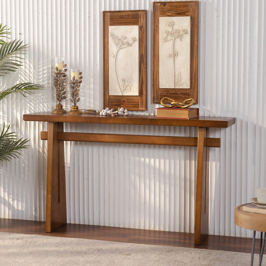Walnut Brown MDF Console Table, 55 Inch Narrow Entryway Sofa Table, Minimalist Rustic Hallway Accent Table with Double Support Frame, Easy Assembly Foyer Console for Living Room Corridor